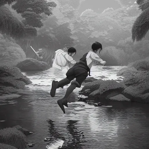 Image similar to character design, twin brothers doing nonsensical stuff in a river or something, in the style of killian eng kawase hasui james jean, artstation trending, 8 k, photorealistic, volumetric lighting caustics, black and white, detailed af