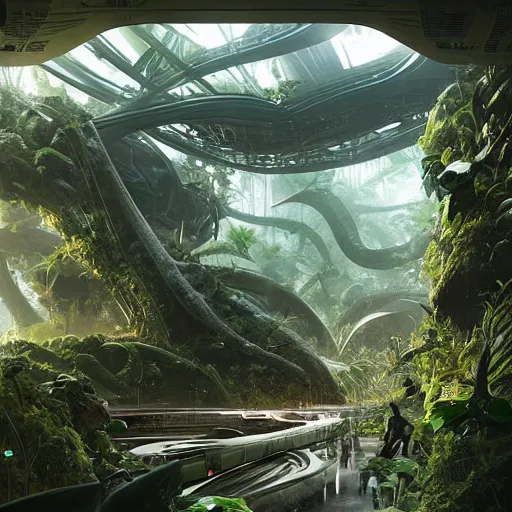 Image similar to epic alien jungle by greg rutkowski inside a giant laboratory by zaha hadid