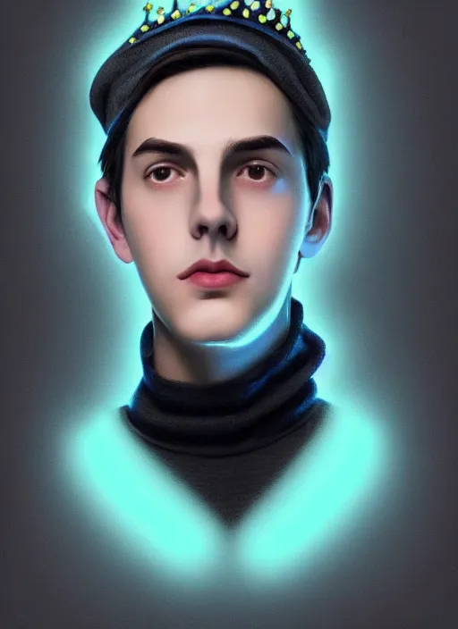 Image similar to portrait of teenage jughead jones wearing a light grey crown, crown, blue turtleneck, 1 9 5 0 s, closed eyes, photorealistic, black hair, glowing lighting, intricate, elegant, glowing lights, highly detailed, digital painting, artstation, concept art, smooth, sharp focus, illustration, art by wlop, mars ravelo and greg rutkowski