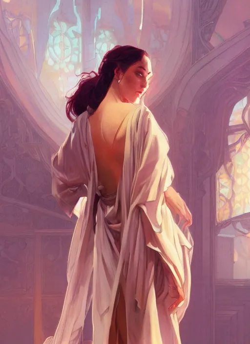 Image similar to julia regza wearing a silk robe, digital painting, artstation, concept art, sharp focus, illustration, art by artgerm and greg rutkowski and alphonse mucha