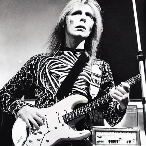 Prompt: ziggy played guitar jamming good with weird and gilly and the spiders from mars he played it left hand but made it too far became the special man then we were ziggy's band, inspired by mario martinez