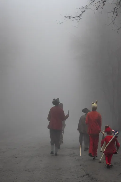 Image similar to a group of clowns walking down a long dark foggy alley the are carrying sticks. fog,