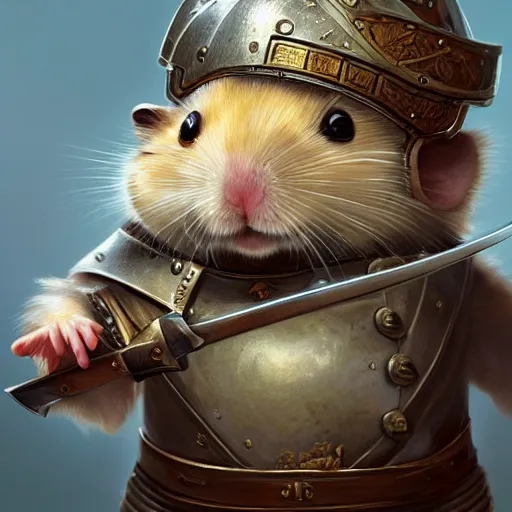 Prompt: A masterpiece portrait of a hamster holding a sword. Hamster is wearing a knights helmet. Very detailed. intricate, elegant, highly detailed. trending on artstation, digital art, by Stanley Artgerm Lau, WLOP, Rossdraws, James Jean, Andrei Riabovitchev, Marc Simonetti, Yoshitaka Amano