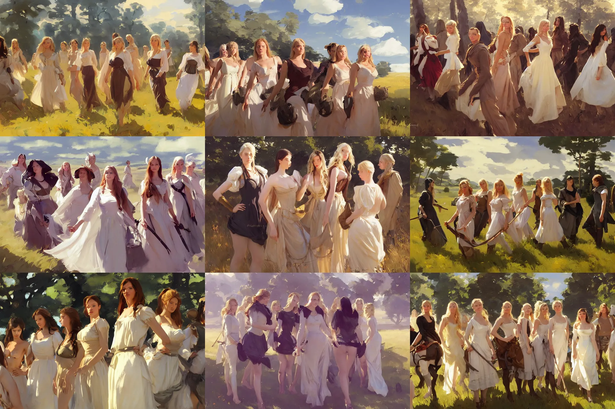 Prompt: group of beautiful finnish norwegian swedish scandinavian attractive glamour models wearing 1 7 th century stays with low neckline walking in the field in a sunny day, jodhpurs greg manchess painting by sargent and leyendecker, studio ghibli fantasy close - up shot asymmetrical intricate elegant matte painting illustration hearthstone, by greg rutkowski by greg tocchini by james gilleard