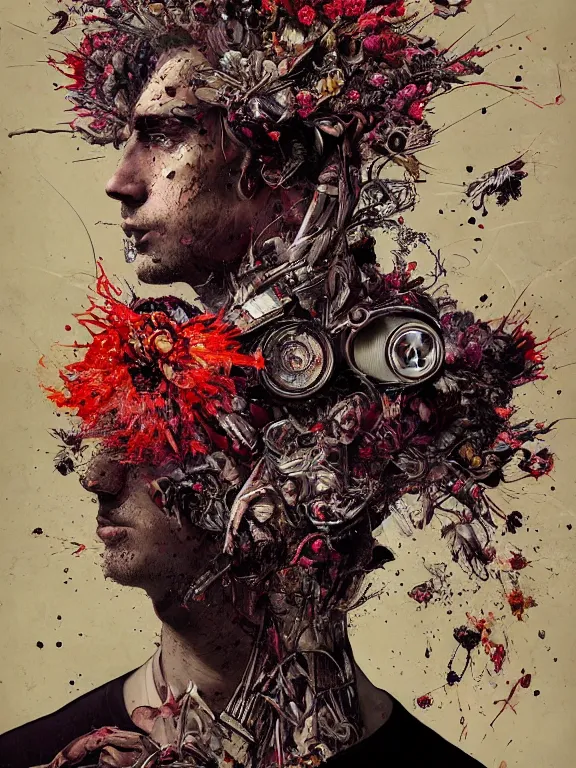 Prompt: art portrait of a man with flowers exploding out of head, cameras, decaying ,8k,by tristan eaton,Stanley Artgermm,Tom Bagshaw,Greg Rutkowski,Carne Griffiths, Ayami Kojima, Beksinski, Giger,trending on DeviantArt,face enhance,hyper detailed,minimalist,cybernetic, android, blade runner,full of colour,
