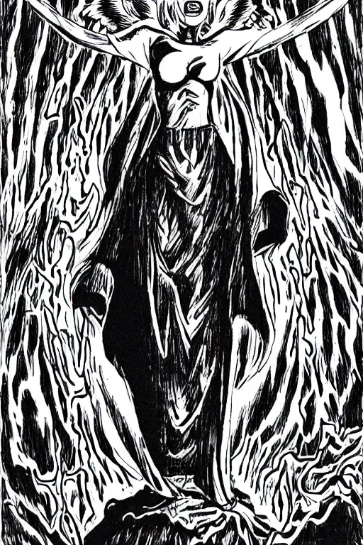 Image similar to angel of death smiling in the dark night, junji ito,