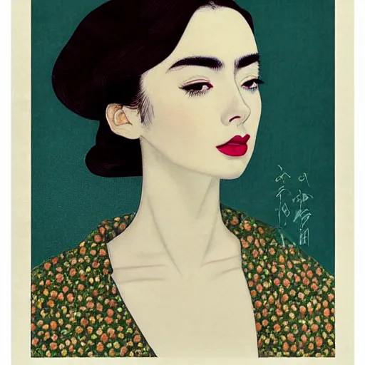 Image similar to “ lily collins portrait by ikenaga yasunari and ayana otake and ko rakusui, 6 0 s poster, drawing, realistic, sharp focus, japanese, dreamy, nostalgia, faded, golden hues, floral clothes, porcelain skin ”