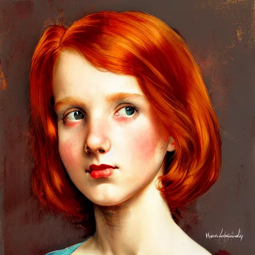 Prompt: A sad redhead girl portrait, center, artwork by Norman Rockwell, cinematic view, high quality