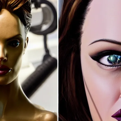 Prompt: animatronic Angelina Jolie, exposed mechanics, photo, Stan Winston studios, detailed, 4k