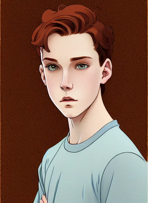 Image similar to art nouveau portrait of a teen boy with completely straight auburn hair, light blue eyes, pale skin, freckles, sad expression, t - shirt, modern casual clothing, natural lighting, path traced, highly detailed, high quality, cartoon, digital painting, by don bluth and ross tran and studio ghibli and alphonse mucha