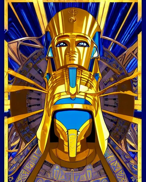 Image similar to a pharaoh made of blue crystal with a golden mask and helmet hovers ominously in the air inside a high - tech tomb, comic cover painting, masterpiece artstation. 8 k, sharp high quality artwork in style of wayne reynolds, alphonse mucha, arthur adams, greg rutkowski, and don bluth, concept art by jack kirby