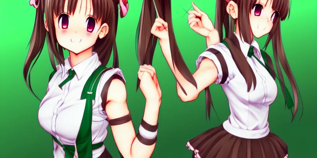 Prompt: full body videogame sprite of a beautiful anime high school girl at the subway, full body, brown hair, ponytail, white ribbon, green eyes, full perfect face, slightly smiling, detailed background, drawn by Artgerm, Sasoura, Satchely, no distorsion