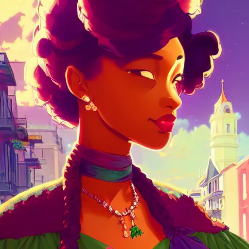 Image similar to portrait of princess tiana, 1920's new orleans background, rich vivid colors, ambient lighting, dynamic lighting, 4k, official media, anime key visual, makoto shinkai, ilya kuvshinov, lois van baarle, rossdraws, detailed, trending on artstation