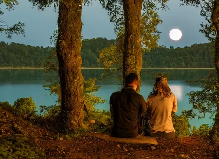 Prompt: A watcher, hidden in the forest spies on the young couple in the distance by the lake, view from behind the watcher his vision is slightly obscured by the foliage, moonlight,