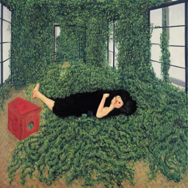 Image similar to a pathology student in her apartment, wrapped in vines, large stones, pig, black walls, black armchair, puddles, moss, acrylic on canvas, surrealist, by magritte and monet