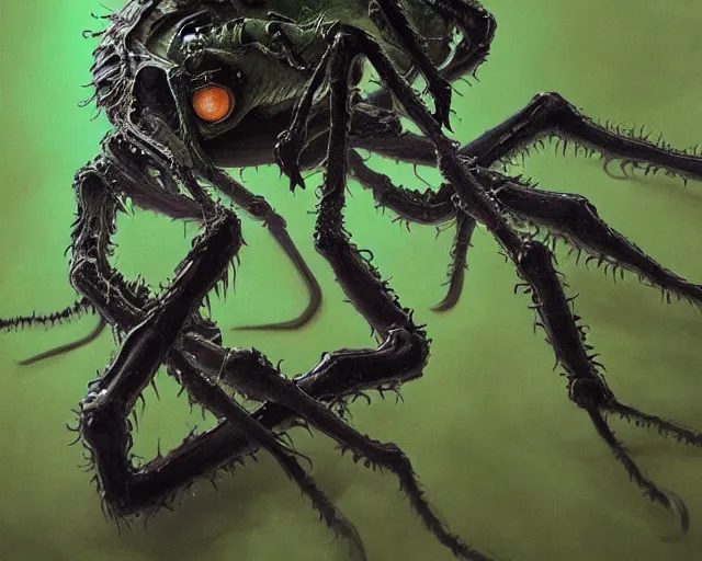 Prompt: Haunting horrifying hyperrealistic detailed painting of a tall slim spider canine creature made of slime, gelatinous green goop, heavy metal, disgusting, creepy, unsettling, and bloodshot eyeballs, hyper detailed, trending on Artstation