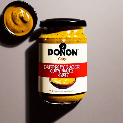 Image similar to Jar of Don Johnson's curry sauce, professional lighting, marketing photo advert, 8k