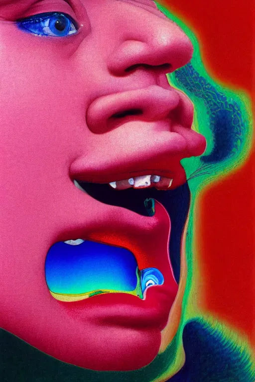 Prompt: a colorful vibrant closeup portrait of a woman licking a tab of lsd acid on her tongue and dreaming psychedelic hallucinations, by kawase hasui, moebius, edward hopper and james gilleard, zdzislaw beksinski, steven outram colorful flat surreal design, arkane, hd, 8 k, artstation
