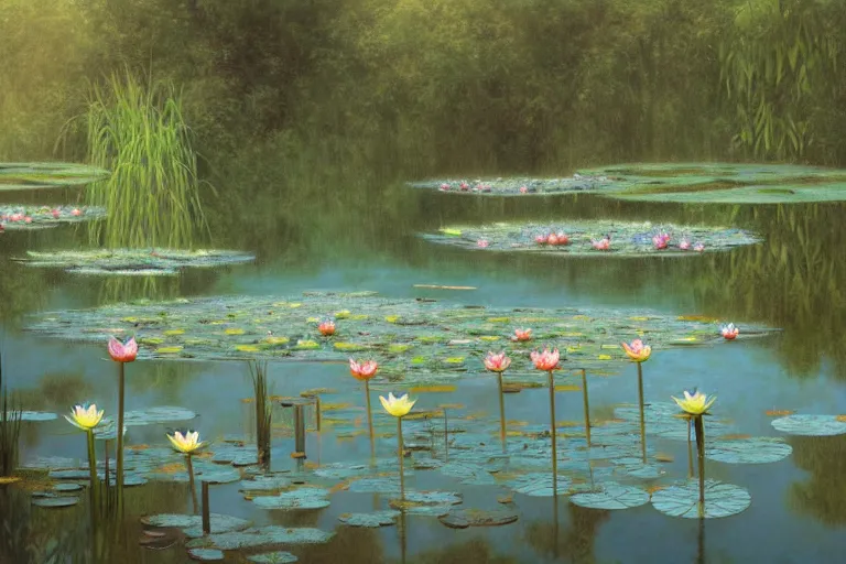 Image similar to pale teal rain beside pond with waterlilies, fantasy, intricate, elegant, dramatic lighting, emotionally evoking symbolic metaphor, highly detailed, lifelike, photorealistic, digital painting, artstation, concept art, smooth, sharp focus, illustration, art by John Collier and Albert Aublet and Krenz Cushart and Artem Demura and Alphonse Mucha