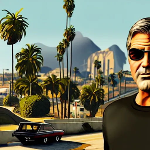 Image similar to george clooney in gta v. los santos in background, palm trees in the art style of stephen bliss