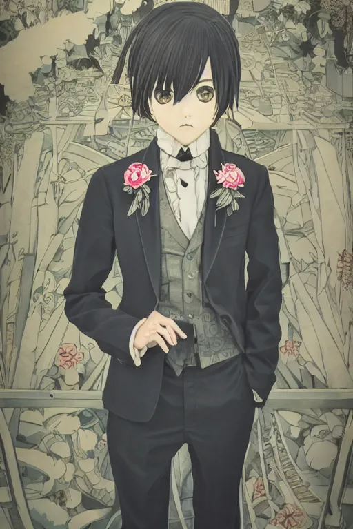 Prompt: Kodak portra 160, 8K, highly detailed, seinen manga 3/4 closeup portrait, focus on art nouveau suit, tilt shift background: famous artist in syd mead anime remake, flower shop scene