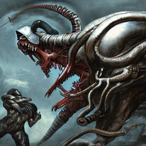 Image similar to concept art prometheus sequel, xenomorph vs predator