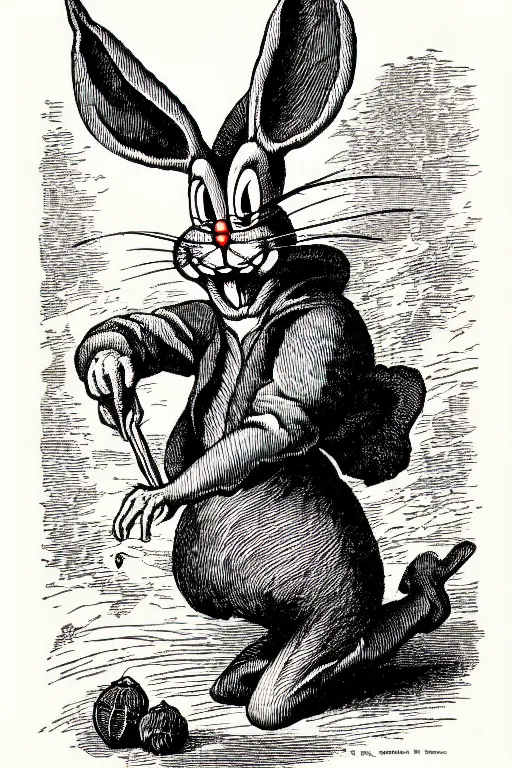 Image similar to bugs bunny, as a demon from the dictionarre infernal, pen - and - ink illustration, etching by louis le breton, 1 8 6 9, 1 2 0 0 dpi scan, ultrasharp detail, hq scan, intricate details, stylized border