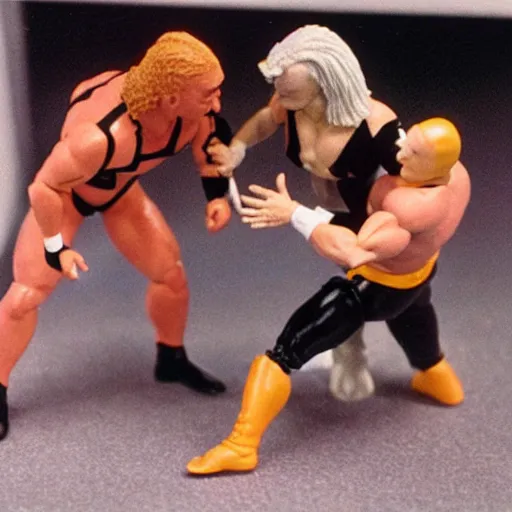 Image similar to WCW sting wrestling action figures fighting in abandoned dollhouse