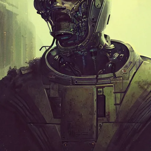 Prompt: a half - masked rugged old laboratory elon with cybernetic enhancements as seen from a distance, scifi character portrait by greg rutkowski, esuthio, craig mullins, 1 / 4 headshot, cinematic lighting, dystopian scifi gear, gloomy, profile picture, mechanical, half robot, implants, steampunk