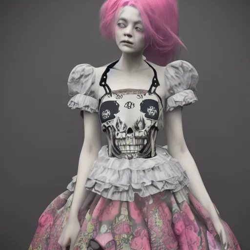 Image similar to 8 k, octane render, realism, tonalism, renaissance, rococo, baroque, cotton candy, portrait of a creepy young lady wearing long - harajuku manga - dress with flowers and skulls