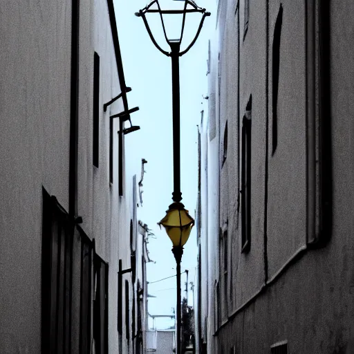 Prompt: a lone street bright street lamp with bright yellow light in a dark alleyway high definition film camera 1. 4 3 : 1