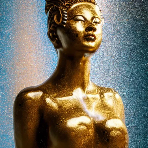 Image similar to romantistic portrait, painting, teal chinese abstract statue shattered standing in god rays, beautiful female body and golden glue dripping acrylic portrait, mechanical superstructure, sacred geometry, supermodel body, beautiful light, statue of carving marble, intricate 8 k render, dark mood, cinematic light, golden spirals, clockwork