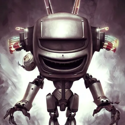 Prompt: a scary and intense chibi robot mascot character posing for a picture, digital painting, masterpiece by rembrandt and thomas kinkade and frank frazetta and kentaro miura, by reiq and tite kubo, stylized yet realistic faces and anatomy, advanced lighting technology, beautiful, gorgeous brush strokes
