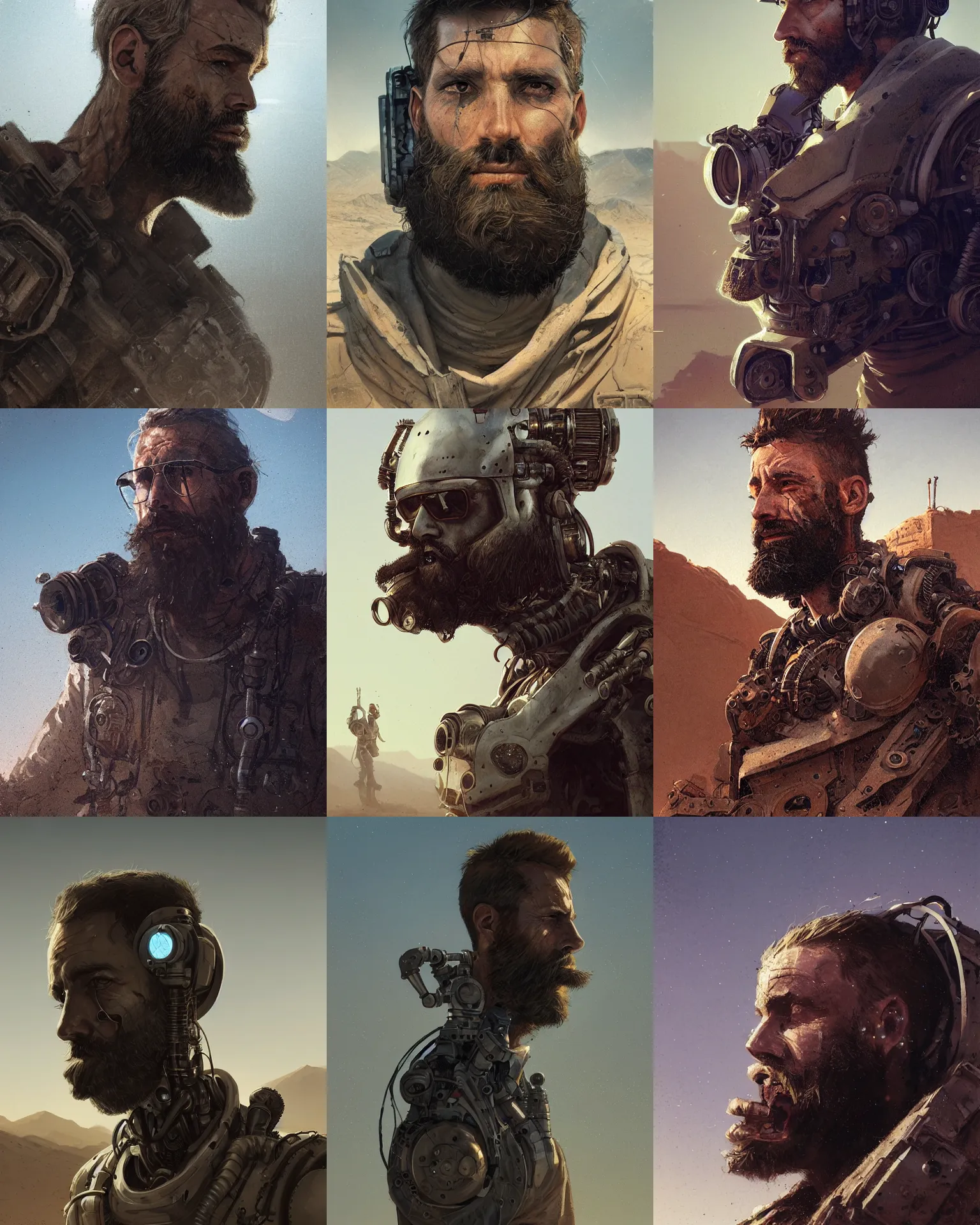 Image similar to a bearded rugged engineer man with cybernetic enhancements lost in the desert, scifi character portrait by greg rutkowski, esuthio, craig mullins, 1 / 4 headshot, cinematic lighting, dystopian scifi gear, gloomy, profile picture, mechanical, half robot, implants, steampunk