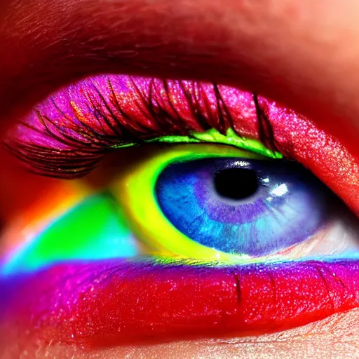 Image similar to (((((((( film still of a human eye with rainbow iris : realistic skin, realistic eye lashes : 8K UHD : colour splash !!!!!!