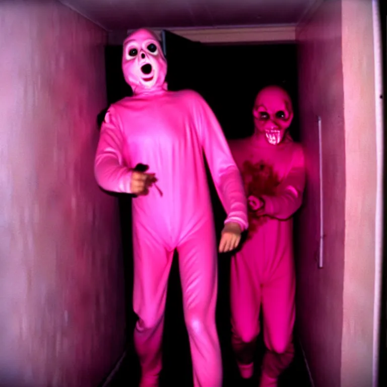 Image similar to a nightmare where a man in a pink morphsuit chases you down a dark hallway, horror, creepy, 3 5 mm, film shot, found footage, scary