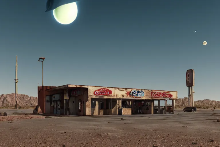 Image similar to an abandoned gas station in the desert, huge rusty sign in the foreground and a planet like Saturn with dust rings in the background, sunny day, wind and dust, low angle, 4k, ultra details, cinematic, epic style, beautiful photo, hyper realistic, octane render, unreal engine, award winning, on artstation, volumetric lightning, masterpiece, golden hour,