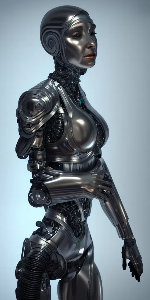 Image similar to hyper realistic symbiosis, kim kadarshian as female cyborg, glossy material surface, body armour, octane render, 4 k, volumtric lights