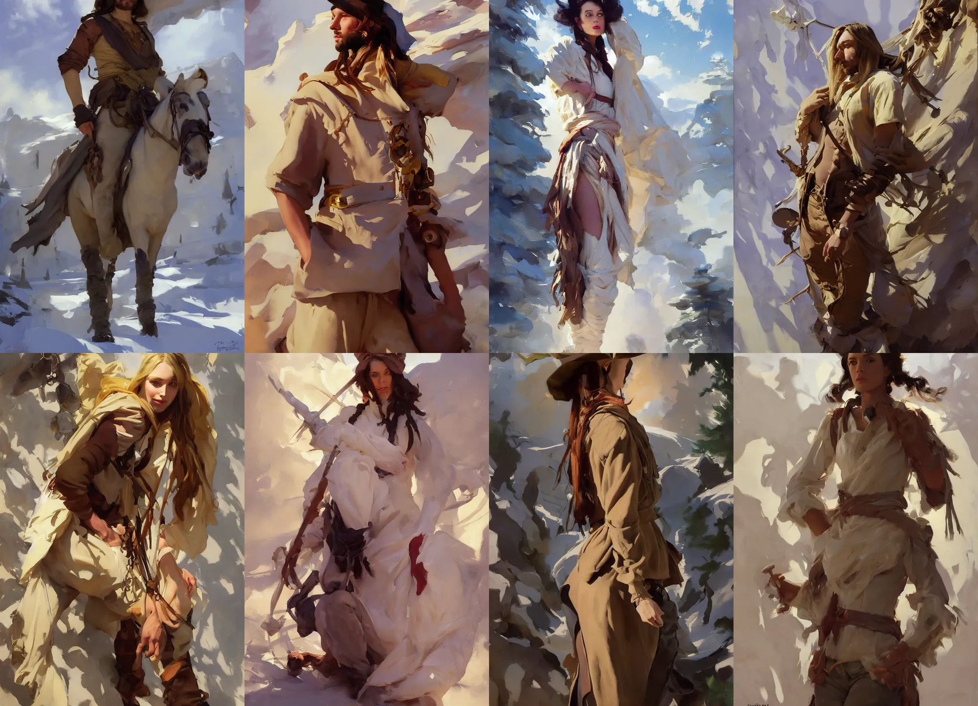 Image similar to in full growth portrait of hippie model girl jodhpurs hyperborea winter traveler treasure hunter greg manchess painting by sargent and leyendecker, fantasy, medium shot, asymmetrical, intricate, elegant, matte painting, illustration, hearthstone, by rhads, by greg rutkowski, by greg tocchini, by james gilleard, by joe fenton