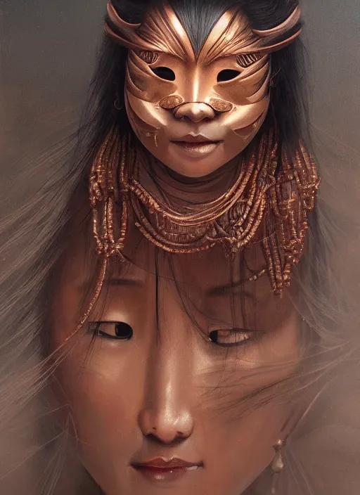 Image similar to a beautiful detailed oil on copper art illustration of a japanese shityome mask woman, the mask is broken, centered, by charlie bowater, zeng fanzh, trending on artstation, dim dusk lighting, cinematic lighting, detailed lighting, volumetric lighting, realistic, f 8, 4 k hd wallpaper