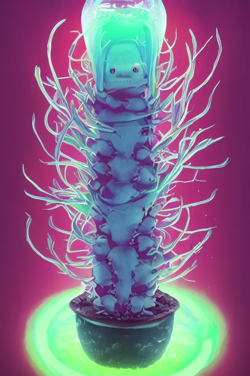 Image similar to roots cactus sushi cristal smurf ghost creature animal sushi cristal very big eye roots cactus elemental flush of force nature micro world fluo fishscale, behance hd by jesper ejsing, by rhads, makoto shinkai and lois van baarle, ilya kuvshinov, rossdraws radiating a glowing aura global illumination ray tracing hdr