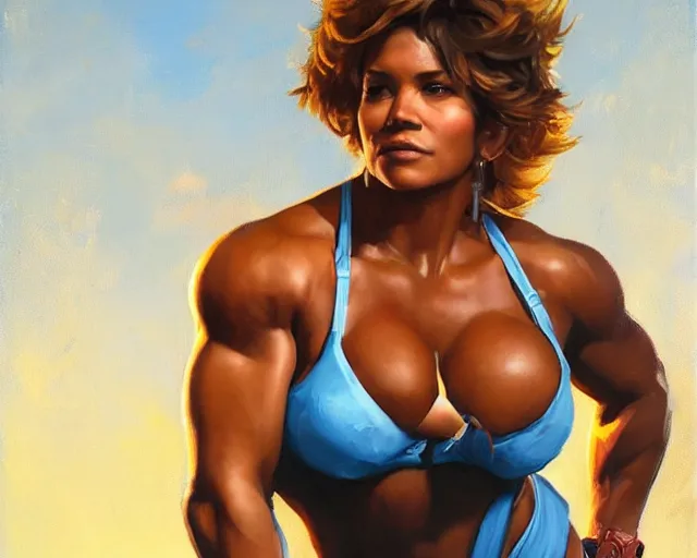 Prompt: greg manchess portrait painting of smug halle berry as beautiful thick female bodybuilder zarya from overwatch, medium shot, asymmetrical, profile picture, organic painting, sunny day, matte painting, bold shapes, hard edges, street art, trending on artstation, by huang guangjian and gil elvgren and sachin teng