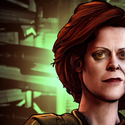 Prompt: sigourney weaver portrait, borderlands, tales from the borderlands, the wolf among us, comic, cinematic lighting, studio quality, 8 k