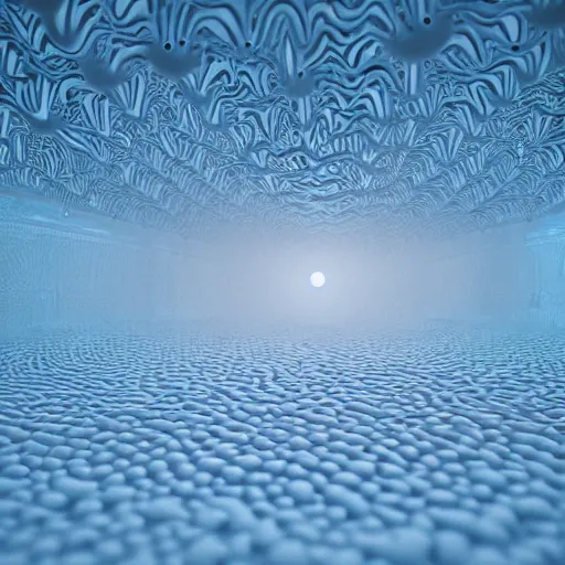 Image similar to a highly detailed 3 d render in octane and vray of slime mold made of cellular automata according to golden ratio pattern floating in space. beautiful mystical lighting, mist, sigma 2 4 mm