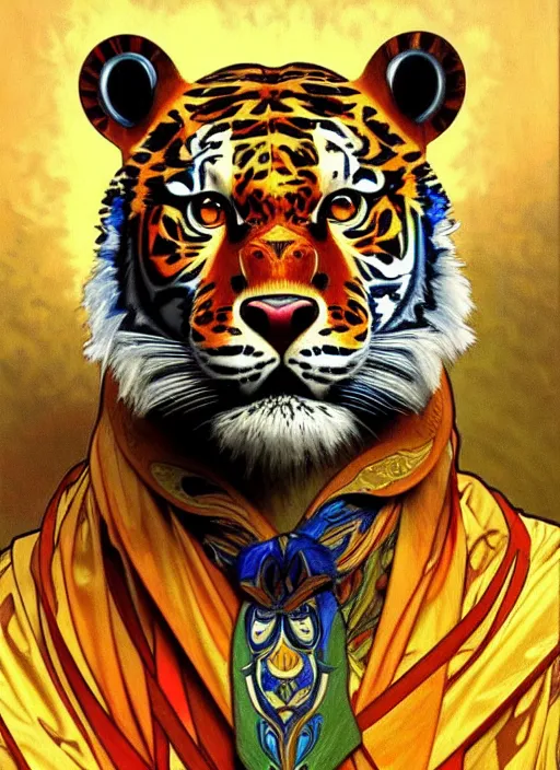 Prompt: oil portrait of tony tiger, intricate, elegant, highly detailed, lighting, painting, artstation, smooth, illustration, art by greg rutowski and alphonse mucha