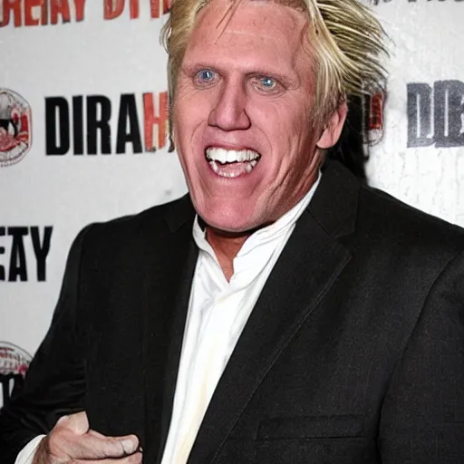 Image similar to gary busey, dirty in his face, wearing a messed up business suit