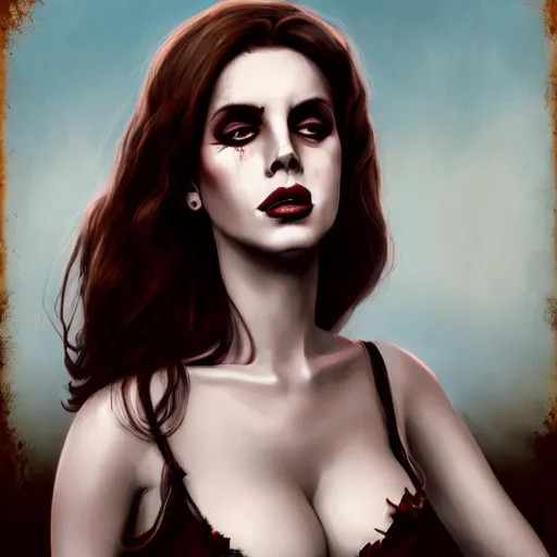 Prompt: slim and beautiful lana del rey as a zombie, 7 days to die zombie, gritty background, fine art, award winning, intricate, elegant, sharp focus, cinematic lighting, digital painting, 8 k concept art, art by michael hussar, art by brom, art by guweiz and z. w. gu, 8 k