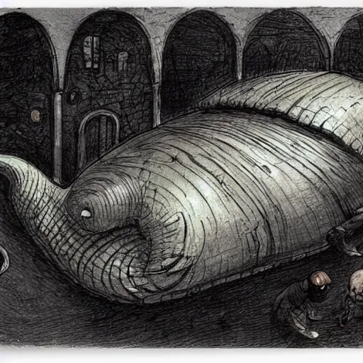 Prompt: giant slug runs amuck in hogwart lab, by jean - baptiste monge