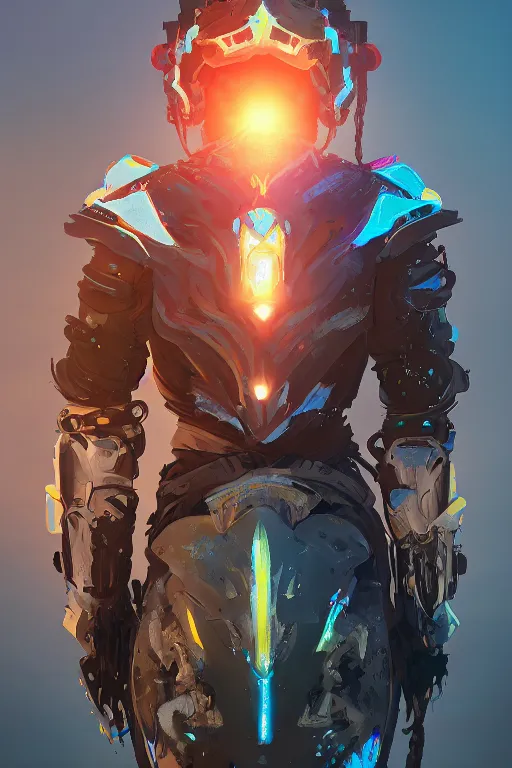 Image similar to combination suit armor aloy horizon forbidden west horizon zero dawn radiating a glowing aura global illumination ray tracing hdr fanart arstation by ian pesty and alena aenami artworks in 4 k tribal robot ninja mask helmet backpack