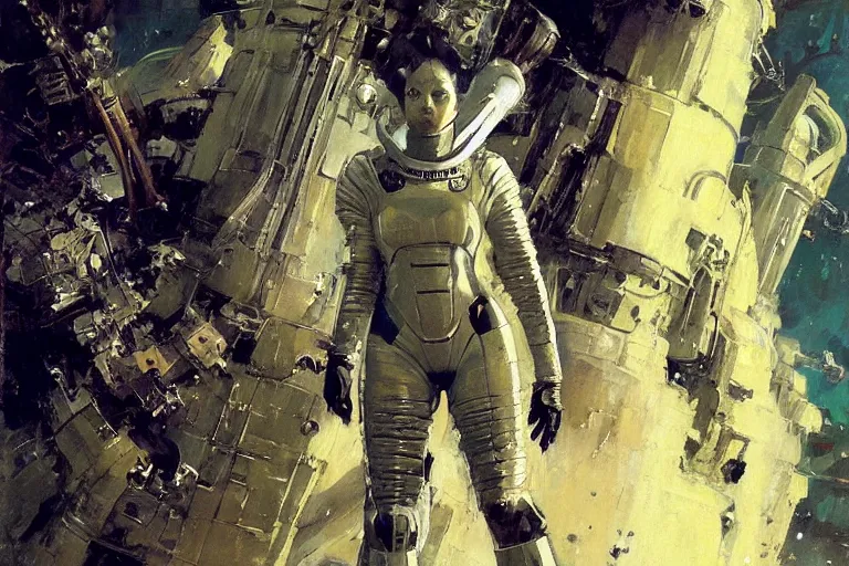 Prompt: pulp scifi fantasy illustration full body portrait of elegant woman wearing spacesuit, by norman rockwell, jack kirby, john berkey, bergey, craig mullins, ruan jia, raymond swanland, jeremy mann, beksinski, tom lovell, rodney matthews